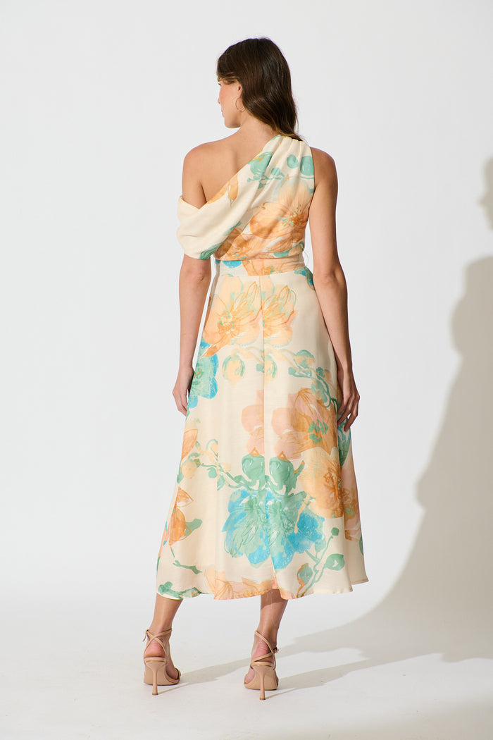 Shelbi Maxi Off Shoulder Dress in Tangerine with Blue Floral back