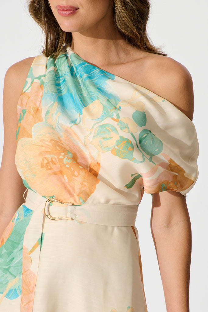 Shelbi Maxi Off Shoulder Dress in Tangerine with Blue Floral detail