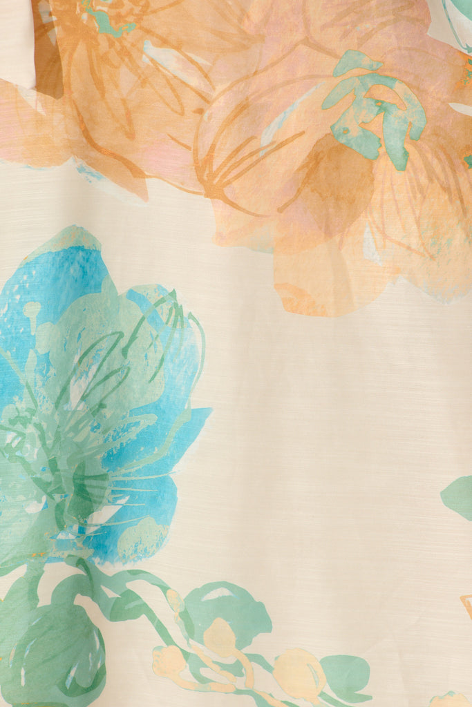 Shelbi Maxi Off Shoulder Dress in Tangerine with Blue Floral fabric