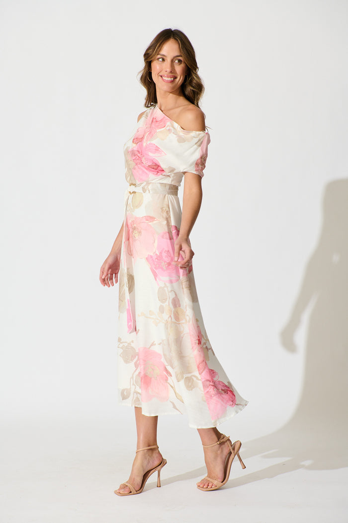 Shelbi Maxi Off Shoulder Dress in White with Pink Floral side
