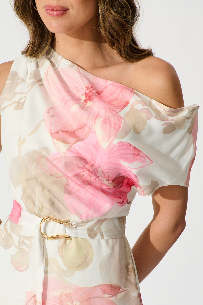 Shelbi Maxi Off Shoulder Dress in White with Pink Floral detail