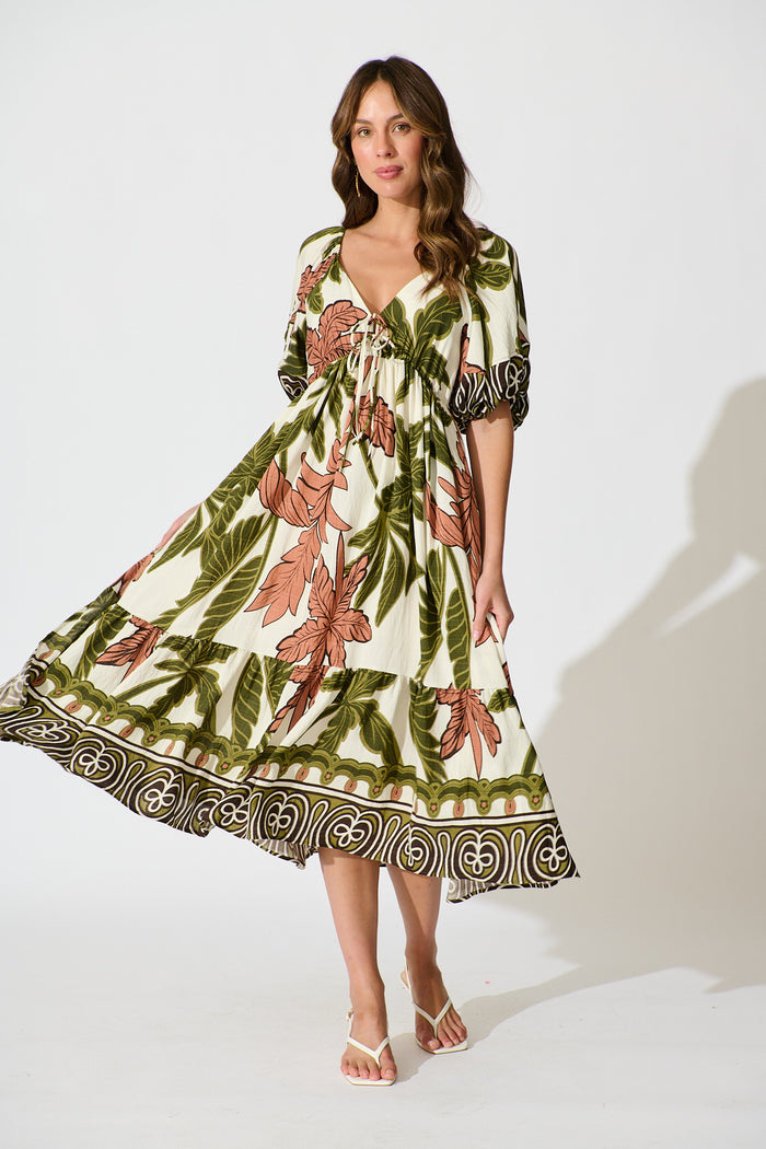 Juna Maxi Dress in Green with Brown Leaf Print full length