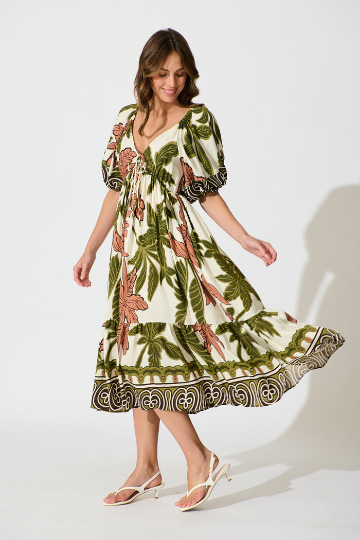 Juna Maxi Dress in Green with Brown Leaf Print side