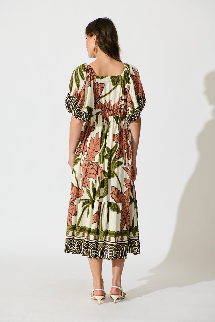 Juna Maxi Dress in Green with Brown Leaf Print back