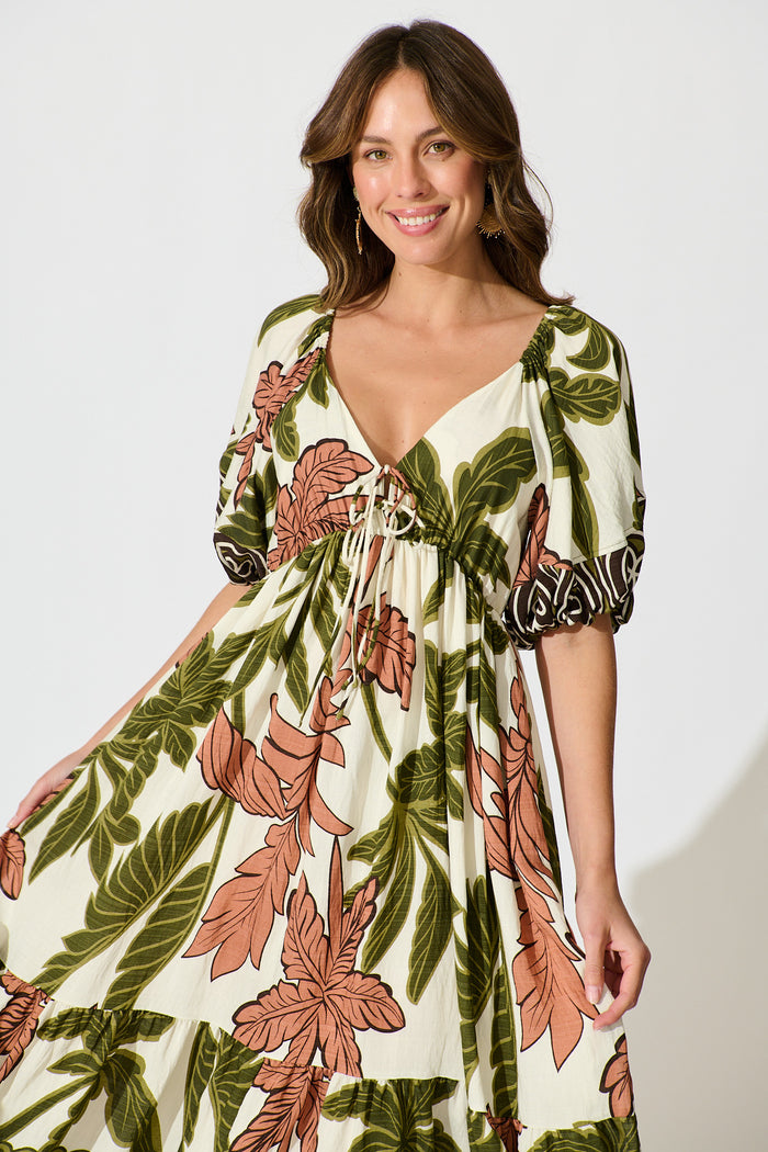Juna Maxi Dress in Green with Brown Leaf Print front