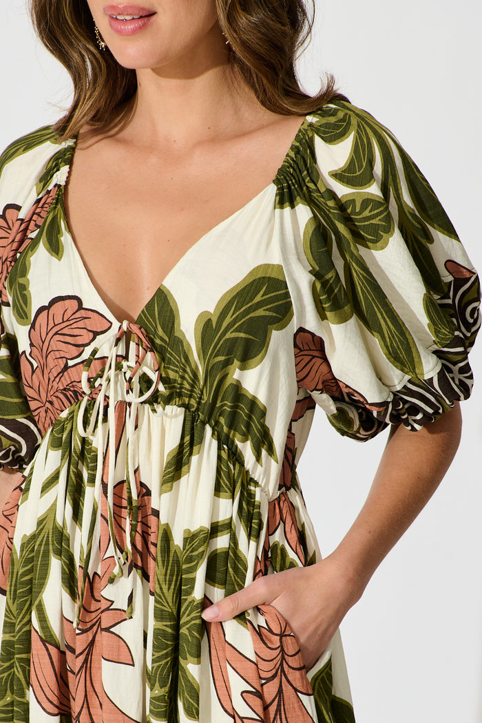 Juna Maxi Dress in Green with Brown Leaf Print detail