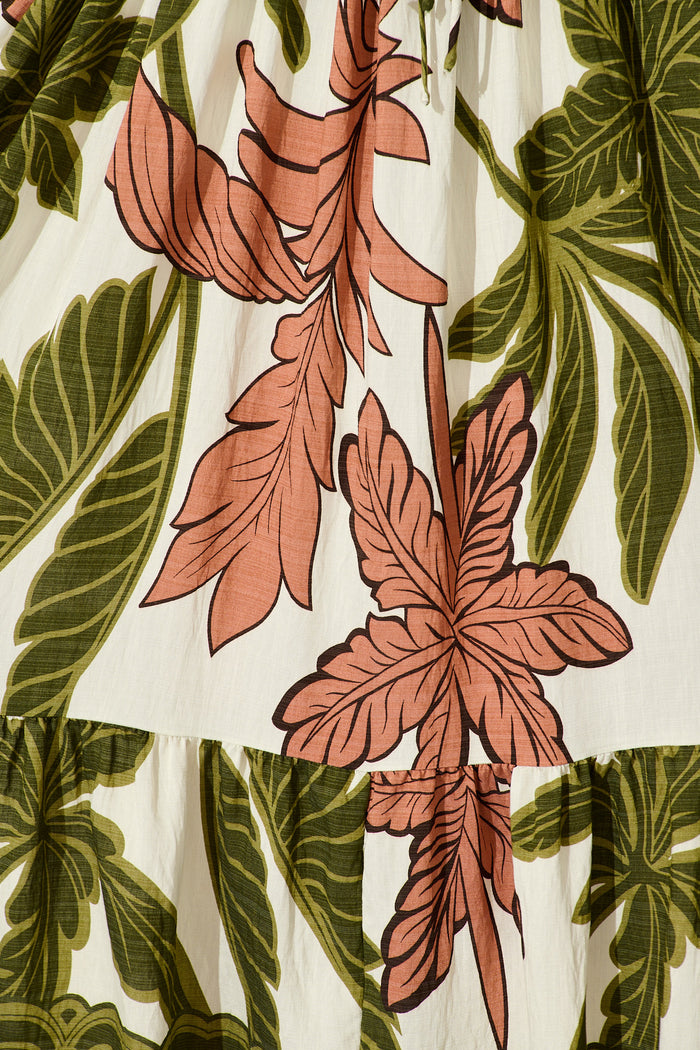 Juna Maxi Dress in Green with Brown Leaf Print fabric