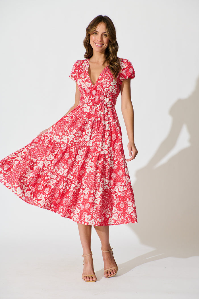 Helia Midi Dress in Red with White Floral Cotton full length