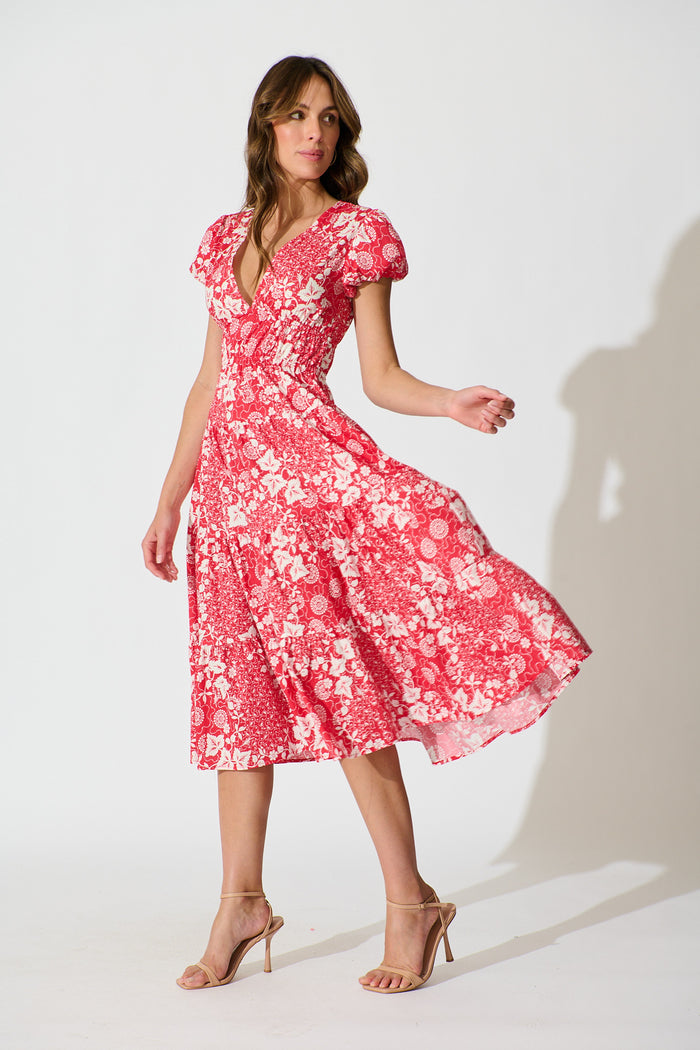 Helia Midi Dress in Red with White Floral Cotton side