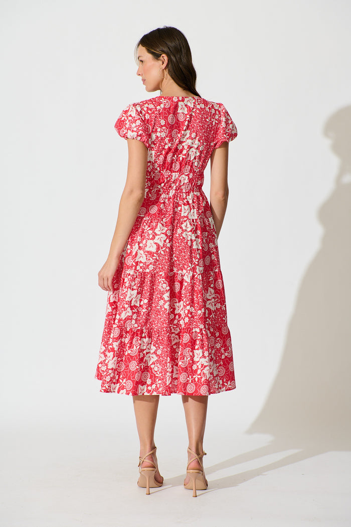 Helia Midi Dress in Red with White Floral Cotton back
