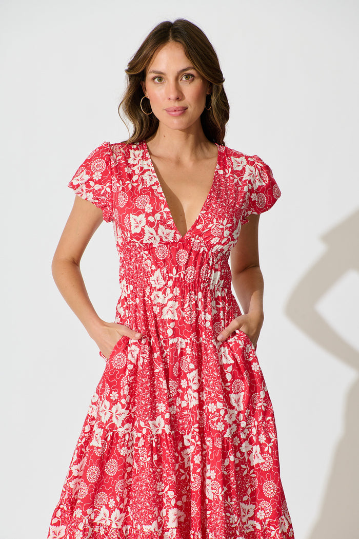 Helia Midi Dress in Red with White Floral Cotton front