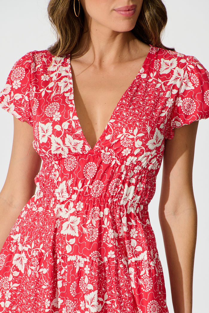 Helia Midi Dress in Red with White Floral Cotton detail