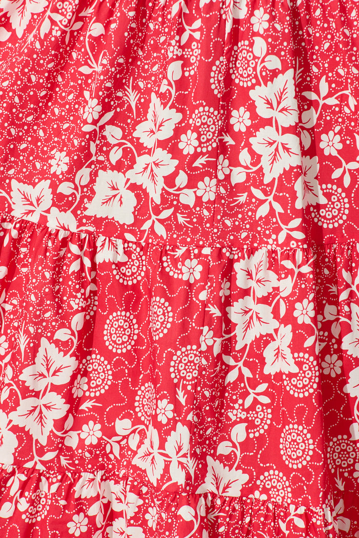Helia Midi Dress in Red with White Floral Cotton fabric