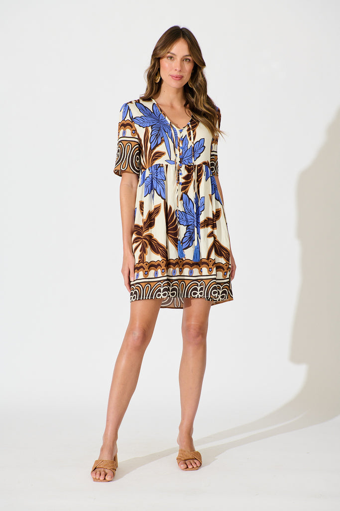 Essia Smock Dress in Blue with Brown Leaf Print Linen Blend full length