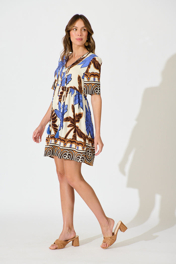 Essia Smock Dress in Blue with Brown Leaf Print Linen Blend side