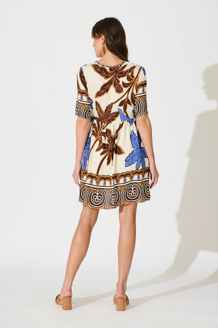 Essia Smock Dress in Blue with Brown Leaf Print Linen Blend back