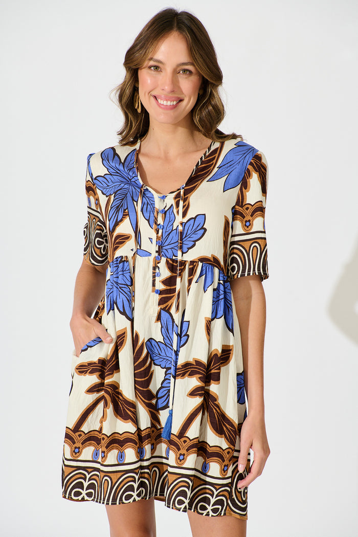Essia Smock Dress in Blue with Brown Leaf Print Linen Blend front