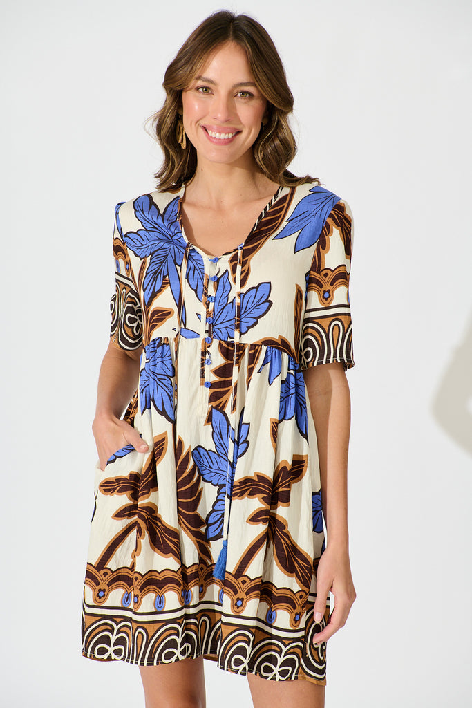 Essia Smock Dress in Blue with Brown Leaf Print Linen Blend front