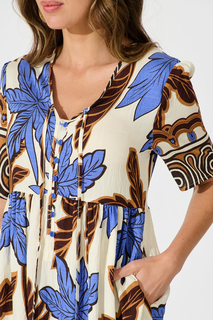 Essia Smock Dress in Blue with Brown Leaf Print Linen Blend detail