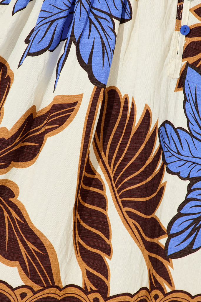 Essia Smock Dress in Blue with Brown Leaf Print Linen Blend fabric