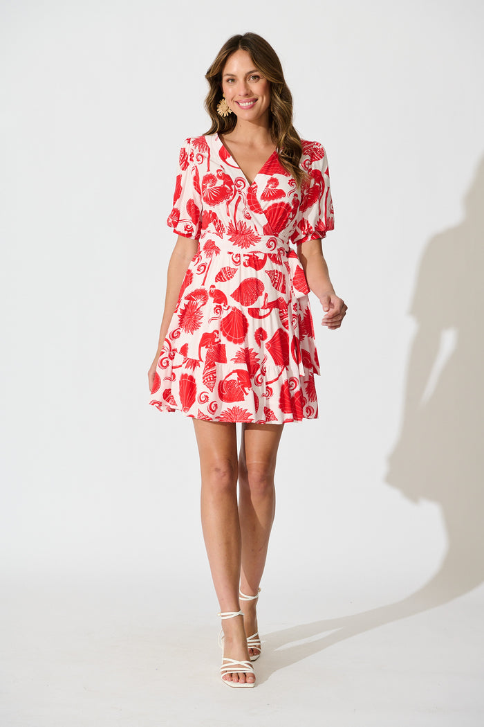Katarina Wrap Dress in Off White with Red Shell Print full length