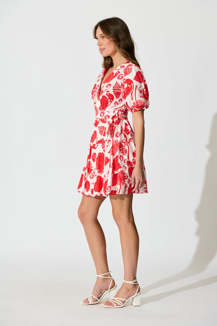 Katarina Wrap Dress in Off White with Red Shell Print side