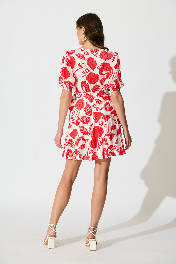 Katarina Wrap Dress in Off White with Red Shell Print back