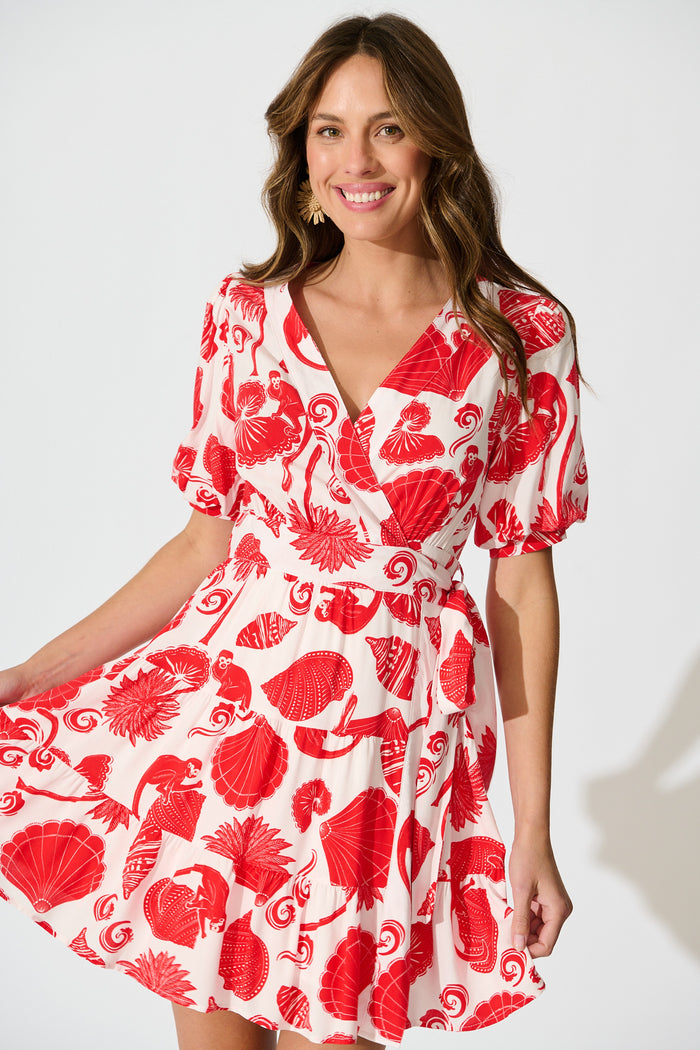 Katarina Wrap Dress in Off White with Red Shell Print front