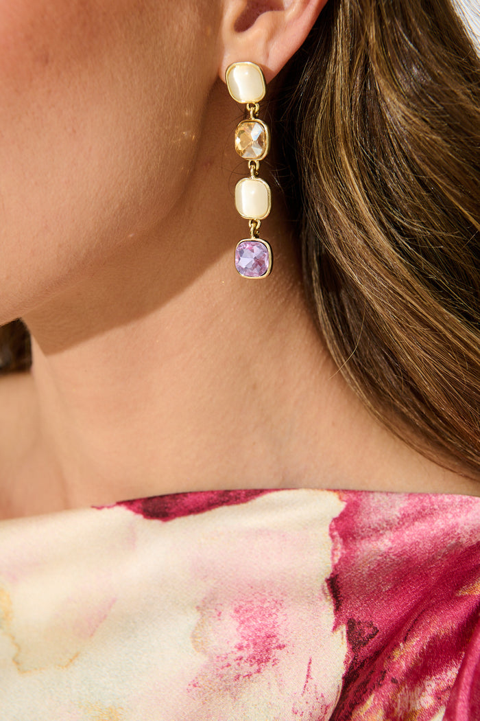Liana Drop Earrings In Multi Gold on model close up