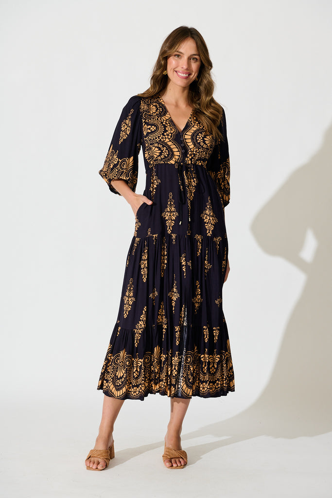 Carwen Maxi Dress in Navy with Tan Boho full length