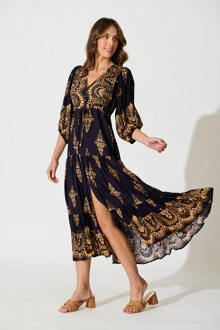 Carwen Maxi Dress in Navy with Tan Boho side