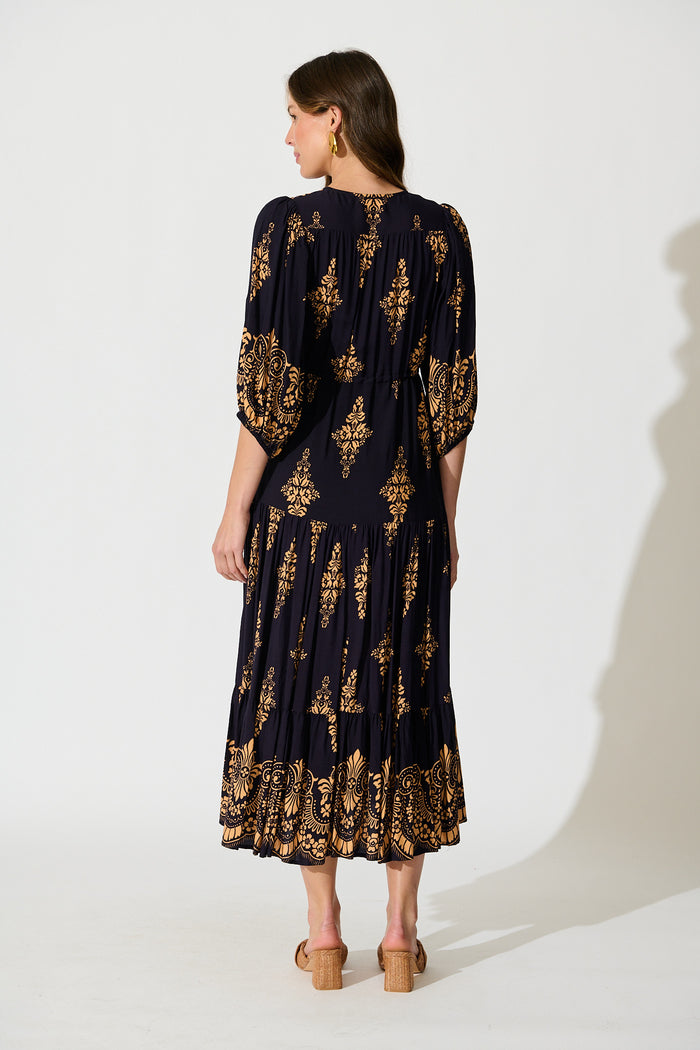 Carwen Maxi Dress in Navy with Tan Boho back