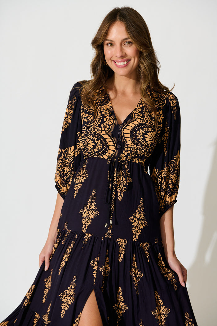 Carwen Maxi Dress in Navy with Tan Boho front