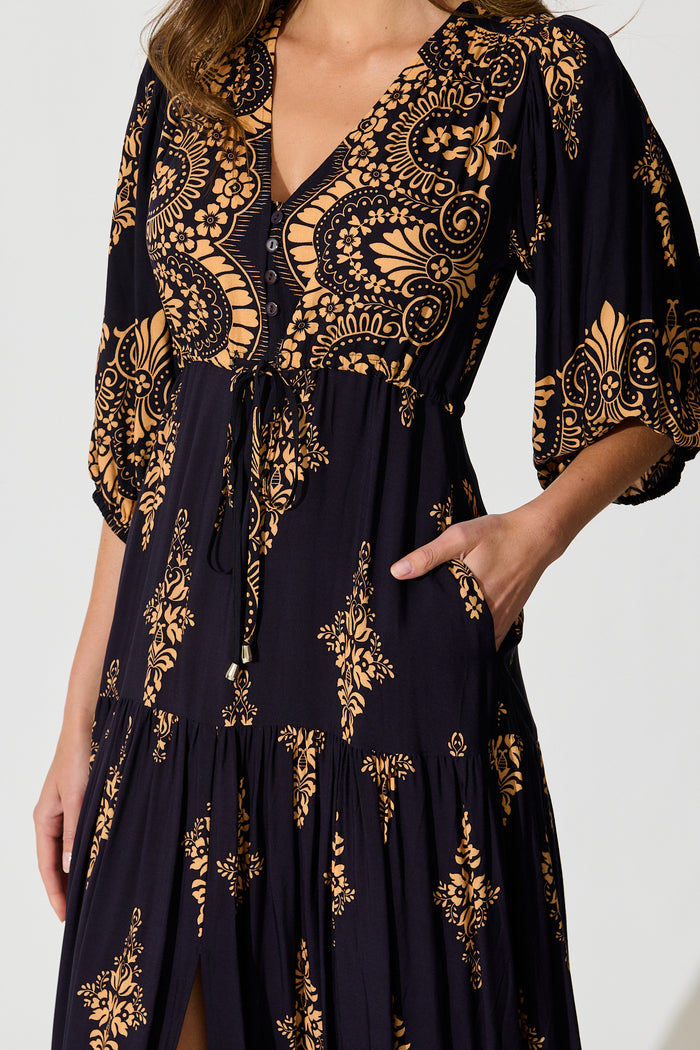 Carwen Maxi Dress in Navy with Tan Boho detail