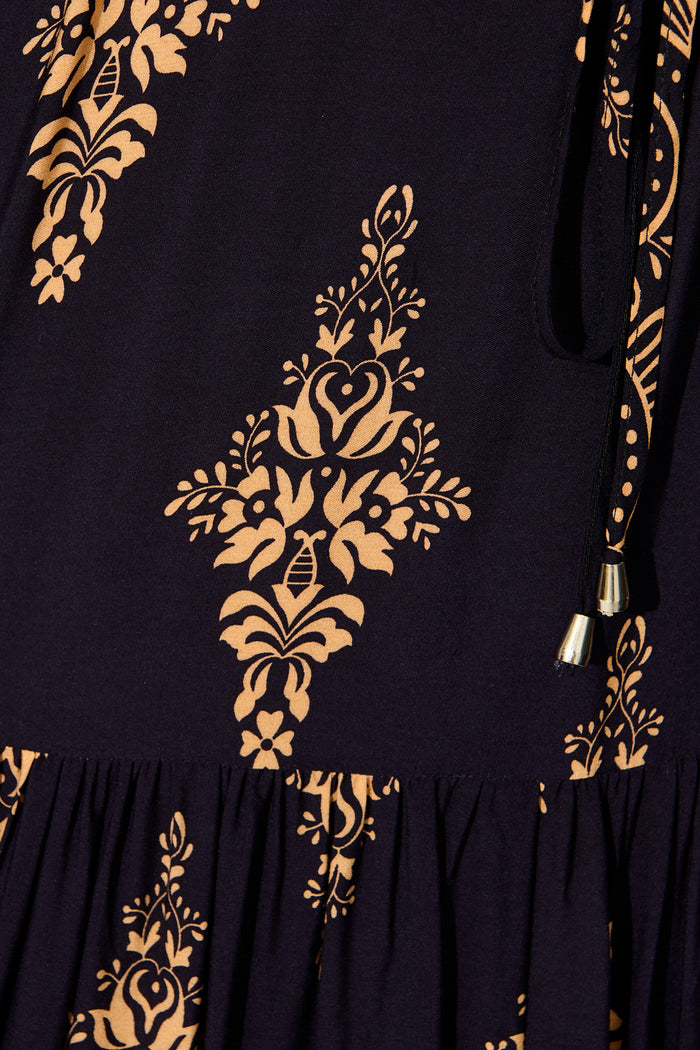 Carwen Maxi Dress in Navy with Tan Boho fabric