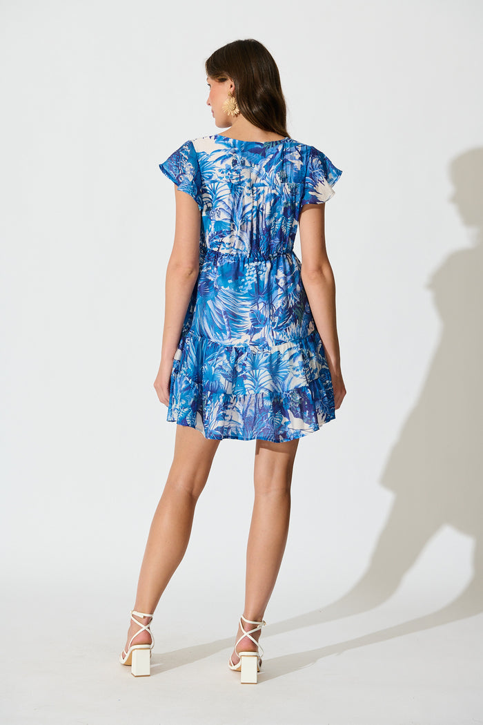 Allyza Dress in in Blue and White Leaf Cotton Blend back