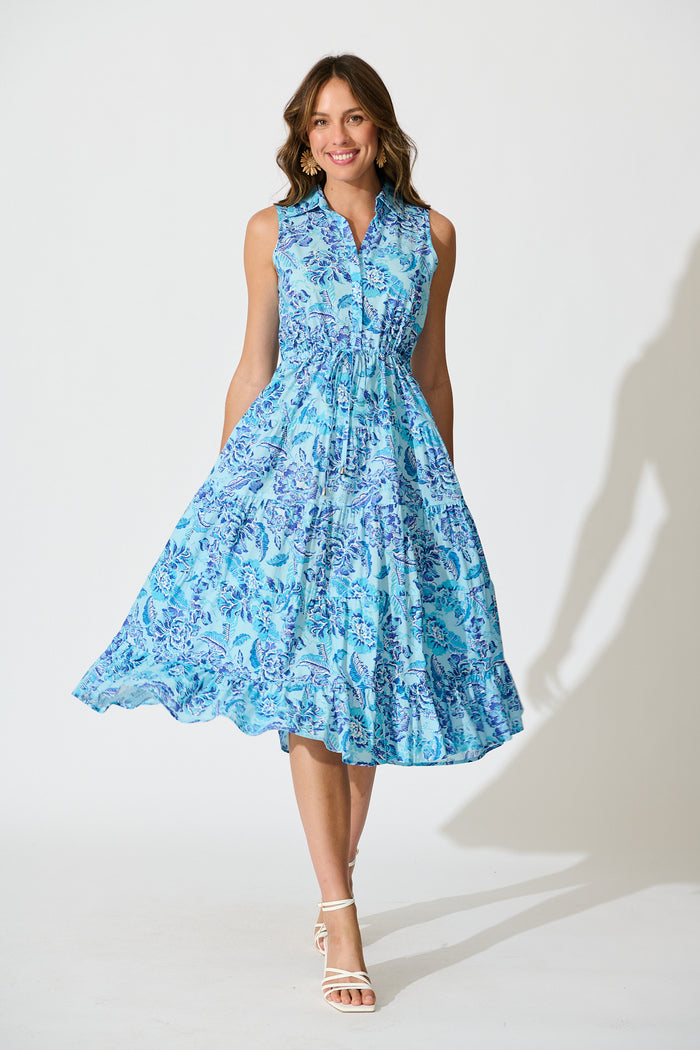 Larah Midi Dress in Blue Floral Cotton full length