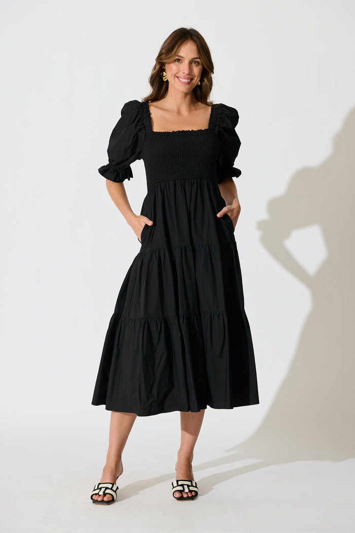 Rahima Midi Dress in Black Cotton full length