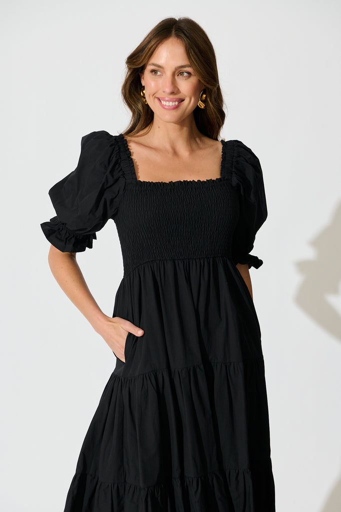 Rahima Midi Dress in Black Cotton front
