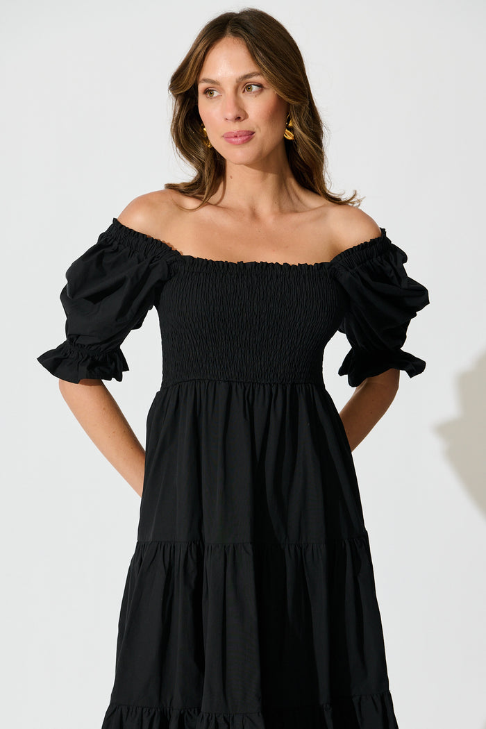Rahima Midi Dress in Black Cotton front off-shoulder