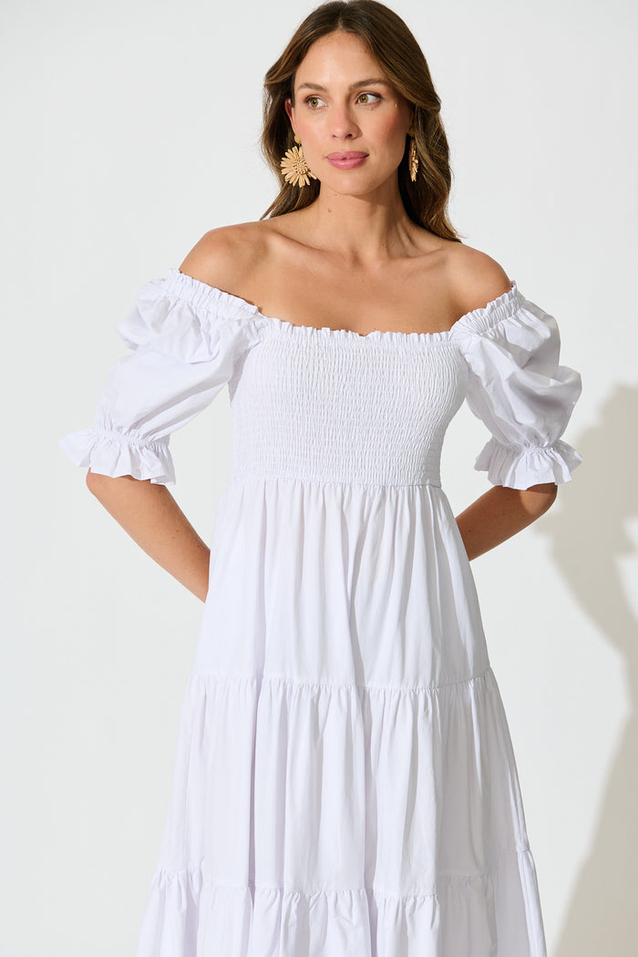 Rahima Midi Dress in White Cotton front off-shoulder