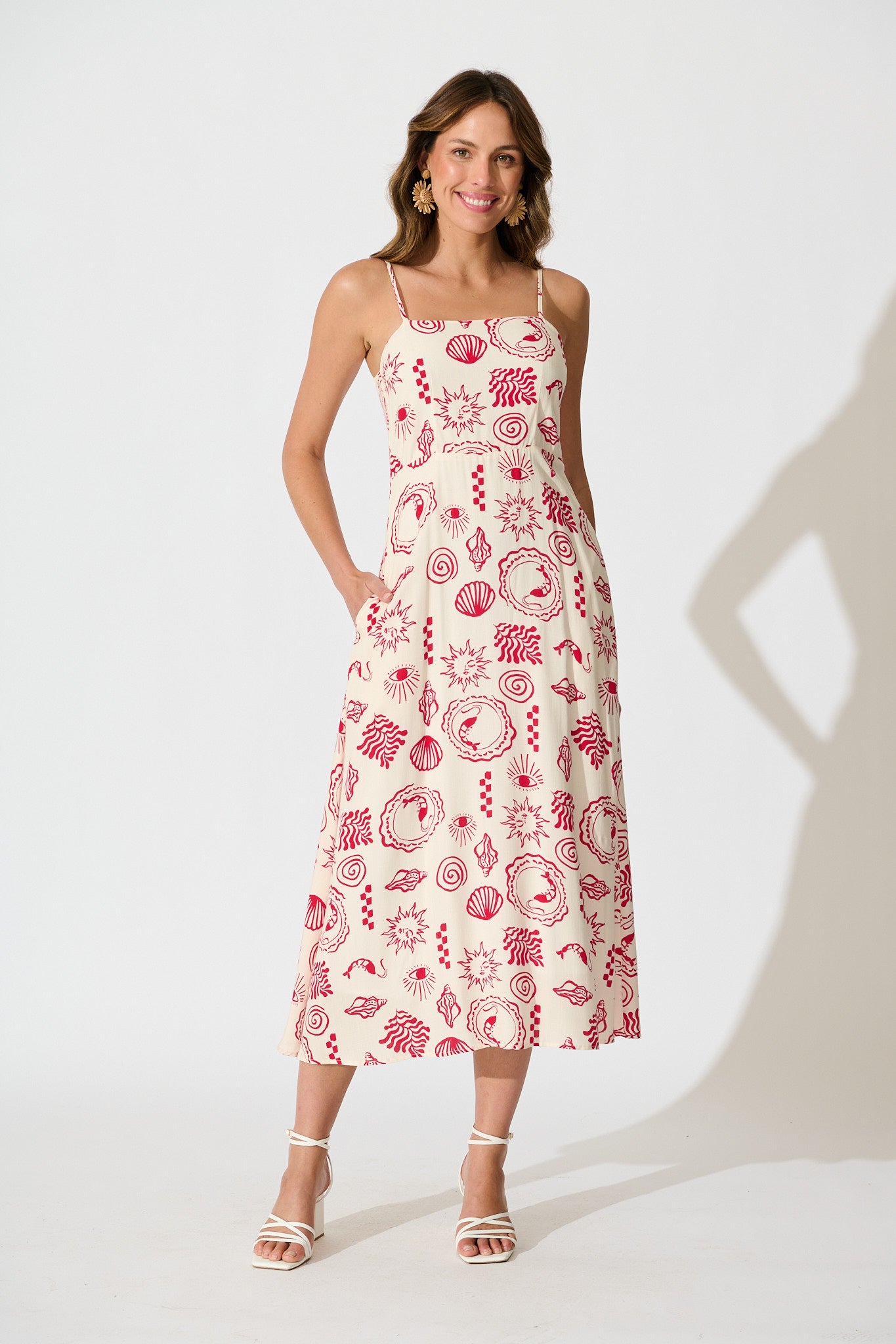 briella midi dress Briella Midi Sundress in Cream with Red Print