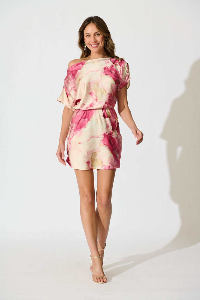 Shayla Off Shoulder Dress in Magenta Watercolour Satin full length