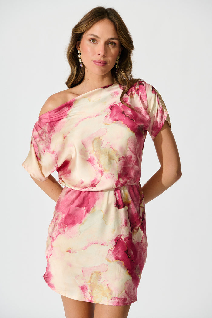 Shayla Off Shoulder Dress in Magenta Watercolour Satin front