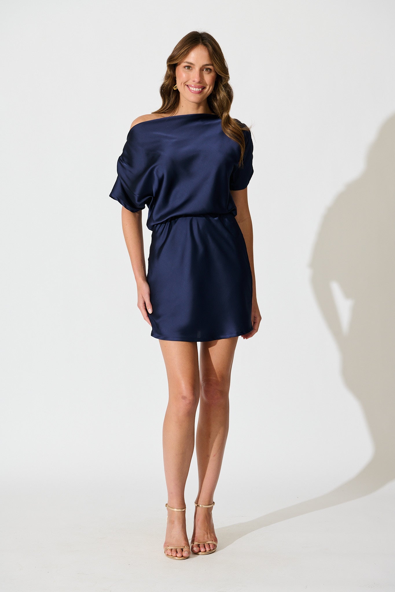 Divine Glamour Off Shoulder Dress in Navy Satin full length