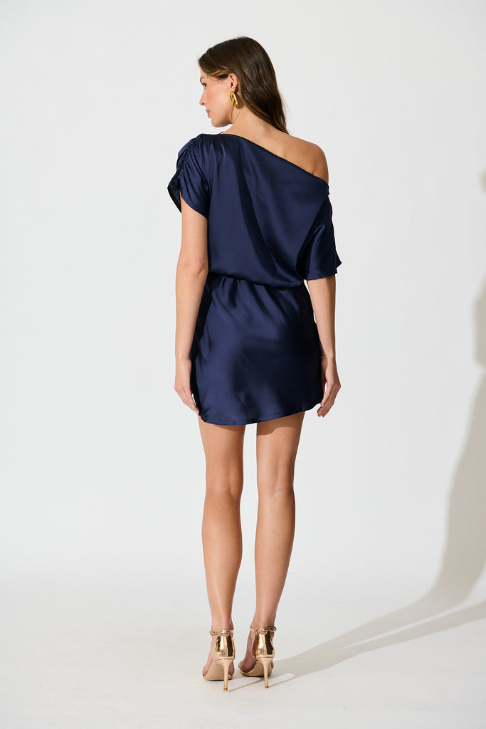 Divine Glamour Off Shoulder Dress in Navy Satin back