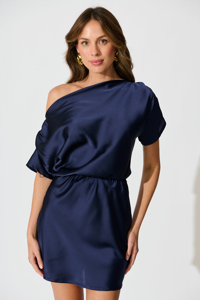 Divine Glamour Off Shoulder Dress in Navy Satin front