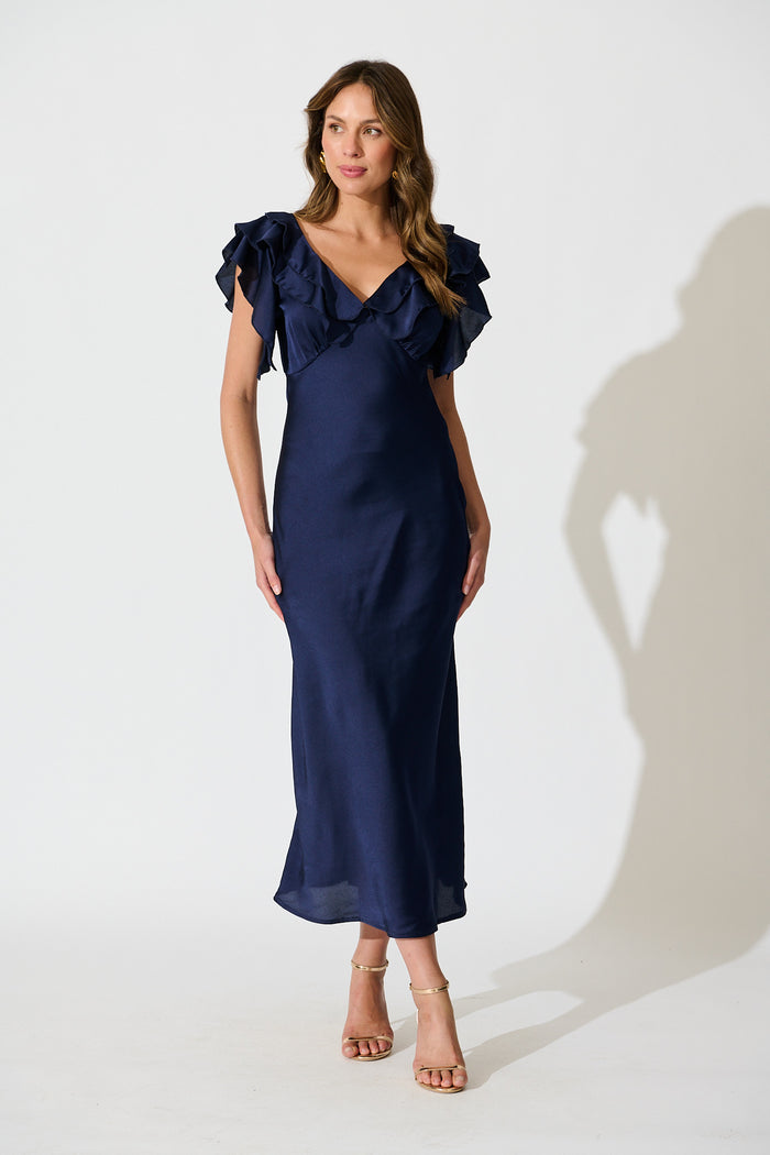 Satin Dream Midi Dress in Navy Satin full length