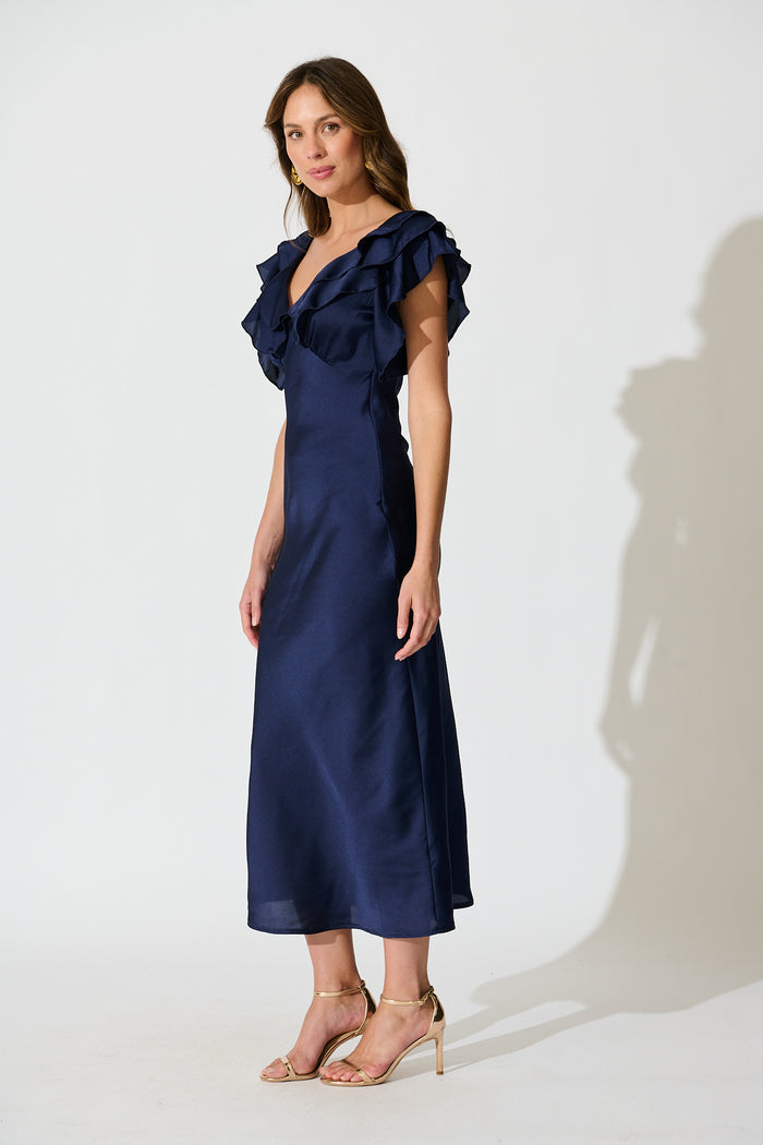 Satin Dream Midi Dress in Navy Satin side