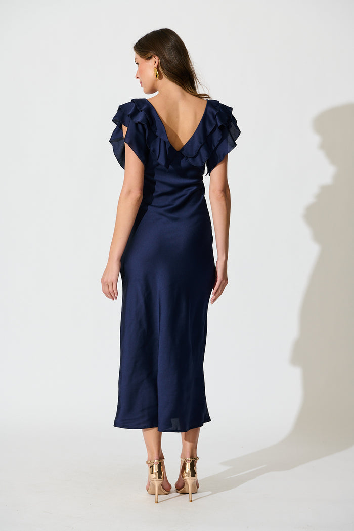 Satin Dream Midi Dress in Navy Satin back